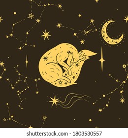 Star fox seamless pattern. Yellow fox and stars on a black background. Vector graphics.