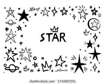 Star frame doodle. abstract hand drawn scribble stars shape elements. Cartoon line marker sketch for text emphasis on white background. Pen graphic and highlight sketch in graffiti style