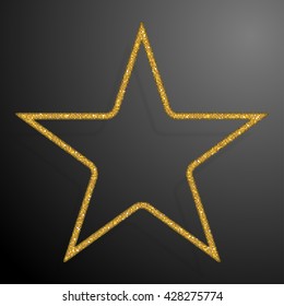 Star frame with gold sequins, glitters, sparkles, paillettes. Party, music background with shiny sequins. Golden dots glitter texture. Metallic glowing cloth. Bright frame star. Repeat.