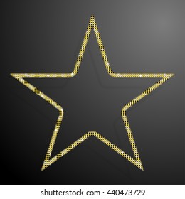Star frame with gold sequins, glitters, sparkles, paillettes. Party, music background with shiny sequins. Golden dots glitter texture. Metallic glowing cloth. Bright frame star. Repeat.