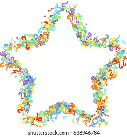 Star frame on white background made of question marks. Multicolor question marks with colorful strokes. Vector illustration. Randomly scattered colorful question marks on white background.