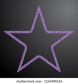 Star frame with purple sequins, glitters, sparkles, paillettes. Party, music background with shiny sequins. Purple dots glitter texture. Metallic glowing cloth. Bright frame star. Repeat.