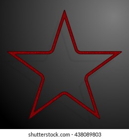 Star frame with red sequins, glitters, sparkles, paillettes. Party, music background with shiny sequins. Red dots glitter texture. Metallic glowing cloth. Bright frame star. Repeat.