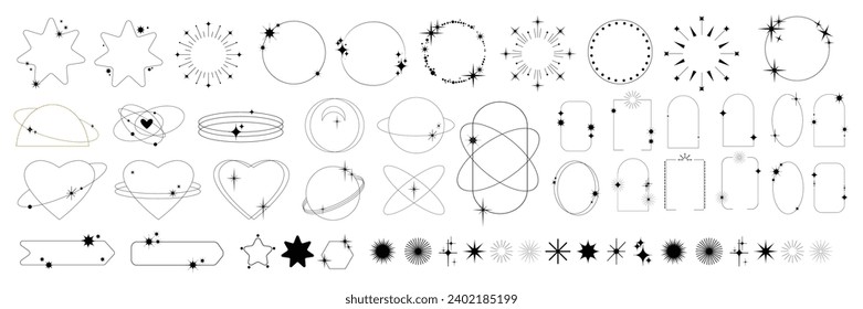 Juego de fotogramas de estrella, elemento de arco de línea y2k de ornamento, juego de geometría de borde retro de decoración mínima vectorial. Figura futurista de corazón simple, pancarta de título mágico de rectángulo ovalado. Marco de estrellas lindo en círculo Boho