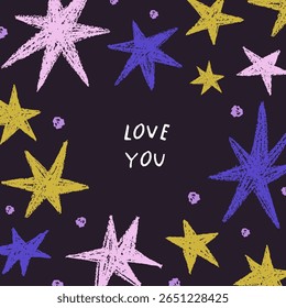 Star framed card design, square background with starry pattern in modern doodle style. Night sky postcard, handwritten love phrase, lettering, sparks in cosmos. Trendy flat vector illustration