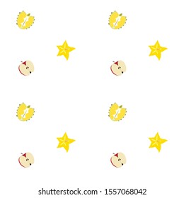 star fruit, apple, and durian patterns. against a white background