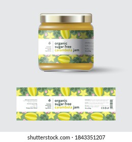 Star Fruit (carambola) jam label and packaging. Jar with cap with label. White strip with text and on seamless pattern with fruits, flowers and leaves.