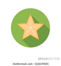 Star fruit or carambola slice flat design round icon. Color symbol of tropical fruit and healthy eating. Long shadow vector illustration in a circle isolated on white background.