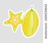 Star Fruit (Carambola) Vector Sticker Illustration. Bright and fresh star fruit (carambola) vector sticker in a fun cartoon style. Great for tropical themes, healthy food designs, and decorations