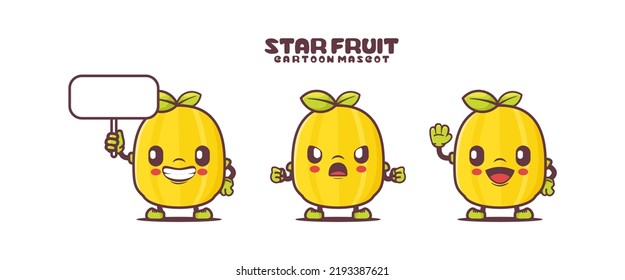 Mascota de dibujos animados de Star fruit con diferentes expresiones. ilustración vectorial de fruto. aislado en un fondo blanco