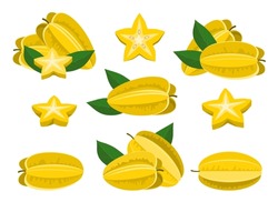 Star Fruit Elements. Cartoon Starfruites Whole And Stars Cuts Portions With Leaves Isolated, Party Cutting Dessert Snacks On White