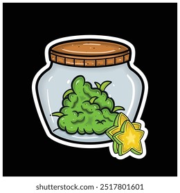 Sabor de la fruta de la estrella con la mascota de la historieta de Weed Bud en el tarro. Para pegatina y etiqueta. Vector e ilustración.