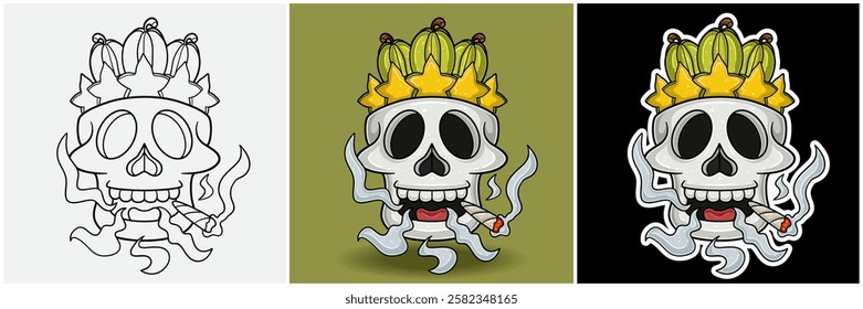 Star Fruit Inside Skull Head With Smoking Character Cartoon. Black White, Colorful and Sticker Style. For T shirt print, Brand Logo, Label and Mascot product. Vectors Illustrations