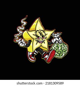 vector de fruta estrella sostiene maleza bolso de nug y fumar marihuana de hierba de cannabis y cara feliz