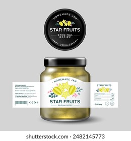 Star FruitJam. Comida dulce. Diseño de etiqueta con ilustración plana y textos. Maqueta de tarro de vidrio con etiqueta.