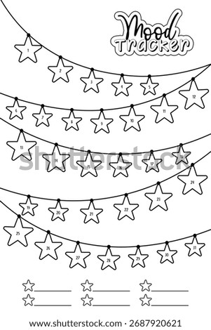 Star Garland Mood Tracker. Printable coloring template. Creative mood tracker with numbered stars hanging on decorative garlands. Ideal worksheet for holiday season and daily planning in your journal.