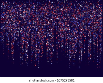 Star garlands American  Independence Day vector.  Holiday confetti in US flag colors for Independence Day. Red blue stars American patriotic design. Stardust garlands festoons.