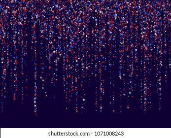 Star garlands American President Day background.  Holiday confetti in USA flag colors for Independence Day. Red blue white stars American patriotic design. Stardust garlands.
