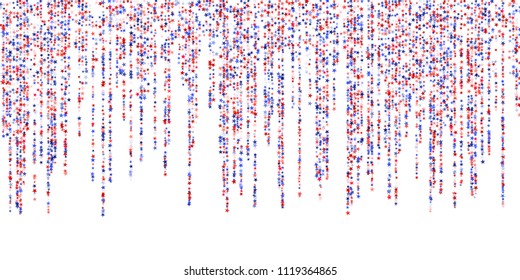 Star garlands American President Day background.  Holiday confetti in US flag colors for President Day. Red blue white stars American patriotic backdrop. Stardust dangling garlands.