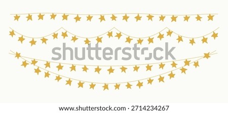 Star garlands, festive lights set. Christmas decorations on strings with starry sparkles, electric horizontal strands, Xmas holiday decor. Flat vector illustration isolated on white background