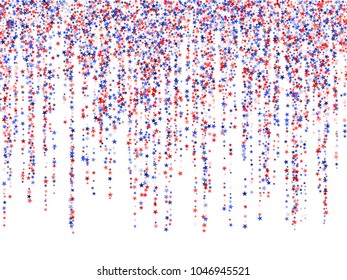 Star garlands on white American Independence Day vector.  Holiday confetti in USA flag colors for President Day. Red blue white stars American patriotic graphics. Stardust hanging garlands.