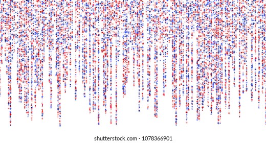 Star garlands on white American President Day background.  Holiday confetti in USA flag colors for President Day. Red blue stars American patriotic banner. Stardust garlands festoons.