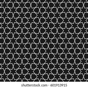 Star geometric seamless pattern. Monochrome simple vector texture. White stars on black background. Good for print, textile, wrapping paper and decoration.