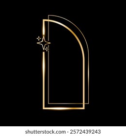 Star glare golden arch geometric frame shape, Vector golden minimalist y2k frame border on black.