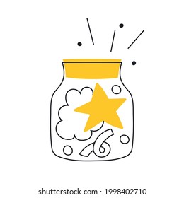 The star in a glass jar. A dream and a miracle, the concept of great idea and imagination. Thin line vector illustration on white.