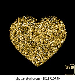 Star glitter gold sequin in heart shape isolated on black background - love and valentine concept
