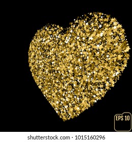 Star glitter gold sequin in heart shape isolated on black background - love and valentine concept