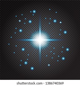 «Shine star with glitter and sparkle icon. Effect twinkle, glare, glowing, graphic light sign. Transparent glow design element on dark bac.