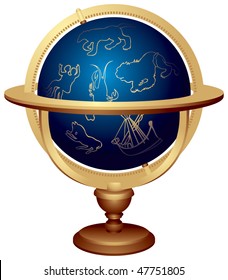 Star globe or Celestial globe used in astronomy, Astrology and navigation. The celestial sphere With symbolical images of constellations: Ursa Major, Gemini, Cancer, Leo, Canis Major and Argo Navis