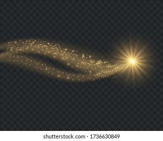Star with glow glitter isolated on transparent background. Star and sparkles wave light effect. Vector white sparkling comet tail.