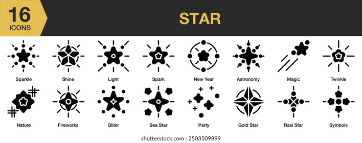 Conjunto de iconos de Star Glyph. Incluye naturaleza, año nuevo, fiesta, estrella gris, brillo, chispa y más. Colección de Vector de iconos sólidos.