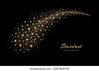 Star gold cluster. Golden shooting. Sparkling stardust. Pattern glitter dust. Trail fall stars on black background. Sparks meteorite. Lucky bright tail. Cosmos glory flare. Vector illustration