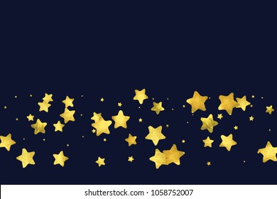 Star gold confetti. Celebrate background. Watercolor golden sparkles and dots. Voucher backdrop. Christmas party invitation card template. Falling gold confetti. Glitter background. 