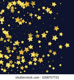 Star gold confetti. Celebrate background. Watercolor golden sparkles and dots. Explosion backdrop. Christmas party invitation card template. Falling gold confetti. Glitter background. 