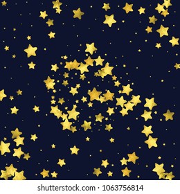 Star gold confetti. Glitter vector celebrate background. Golden sparkles and dots on transparent backdrop. Christmas party invitation card template. Falling gold confetti. Glitter background. 