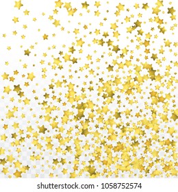 Star gold confetti. Glow vector celebrate background. Golden sparkles and dots on black backdrop. Luxury invitation card template. Falling gold confetti. Glitter background. 