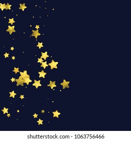 Star gold confetti. Glow vector celebrate background. Golden sparkles and dots on black backdrop. Luxury invitation card template. Falling gold confetti. Glitter background. 