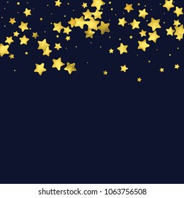 Star gold confetti. Glow vector celebrate background. Golden sparkles and dots on black backdrop. Christmas party invitation card template. Falling gold confetti. Glitter background. 