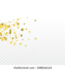 Star gold confetti on transparent background. Golden sparkles and dots. Luxury invitation template. Falling Glitter background. Explosion backdrop. Design for birthday card. 