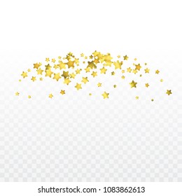 Star gold confetti. Vector celebrate background. Golden glitter on transparent backdrop. Luxury invitation card template. Falling gold confetti. 