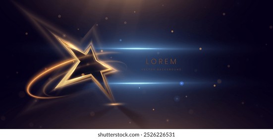 Estrella de luz dorada sobre fondo negro con efecto de iluminación y brillo. Diseño de premio de celebración de Plantilla de lujo. Ilustración vectorial