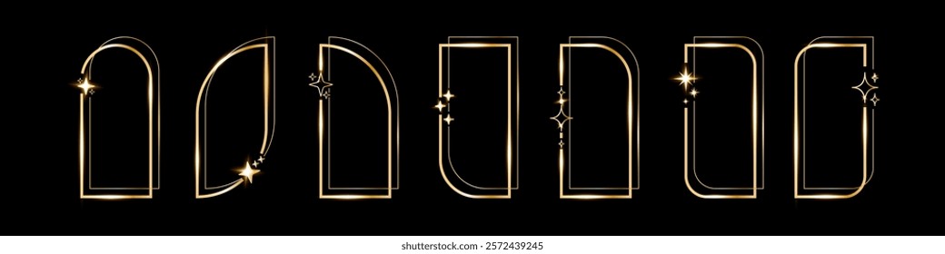 Star golden arch set of geometric shape frames, Vector golden minimalist y2k frames on black.