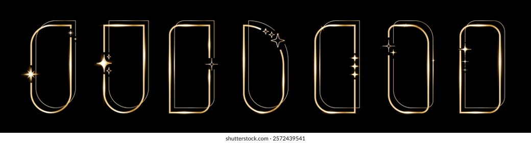 Star golden arch set of geometric shape frames, Vector golden minimalist y2k frames on black.