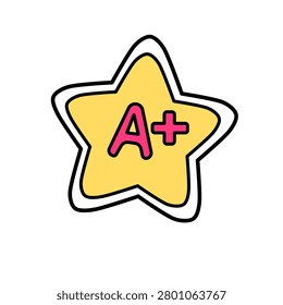 star grade A plus vector illustration. Kawaii excellent report card badge cartoon icon isolated.