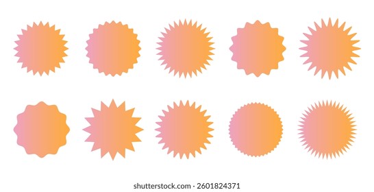 Star gradient round sticker tag icon shape set. Circle starburst label shape for promo, sale, price offer badge sticker. Round tag shape vector icon. Sale, promo label graphic design