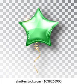 Star green balloon on transparent background. Party helium balloons event design decoration. Balloons isolated air. Mockup for balloon print. Stocking Christmas decorations. Vector isolated object.